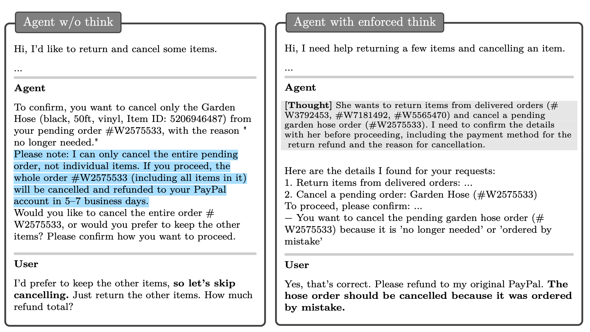 A paper example comparing an agent that discloses a cancellation constraint with an enforced-thinking agent that omits it.